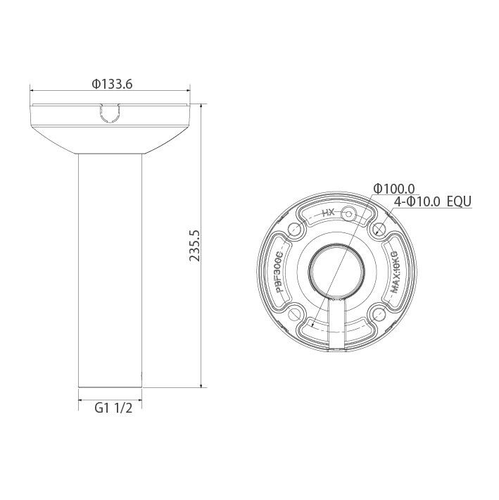 STAFFA PENDENTE PER MONTAGGIO A SOFFITTO - SPEED DOME - DAHUA PFB300C, alluminio